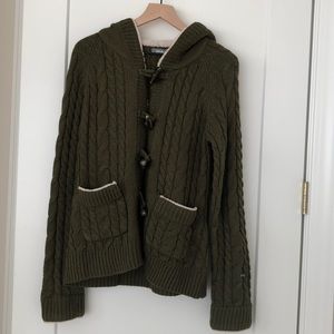 Button up cable sweater with Sherpa lined hood